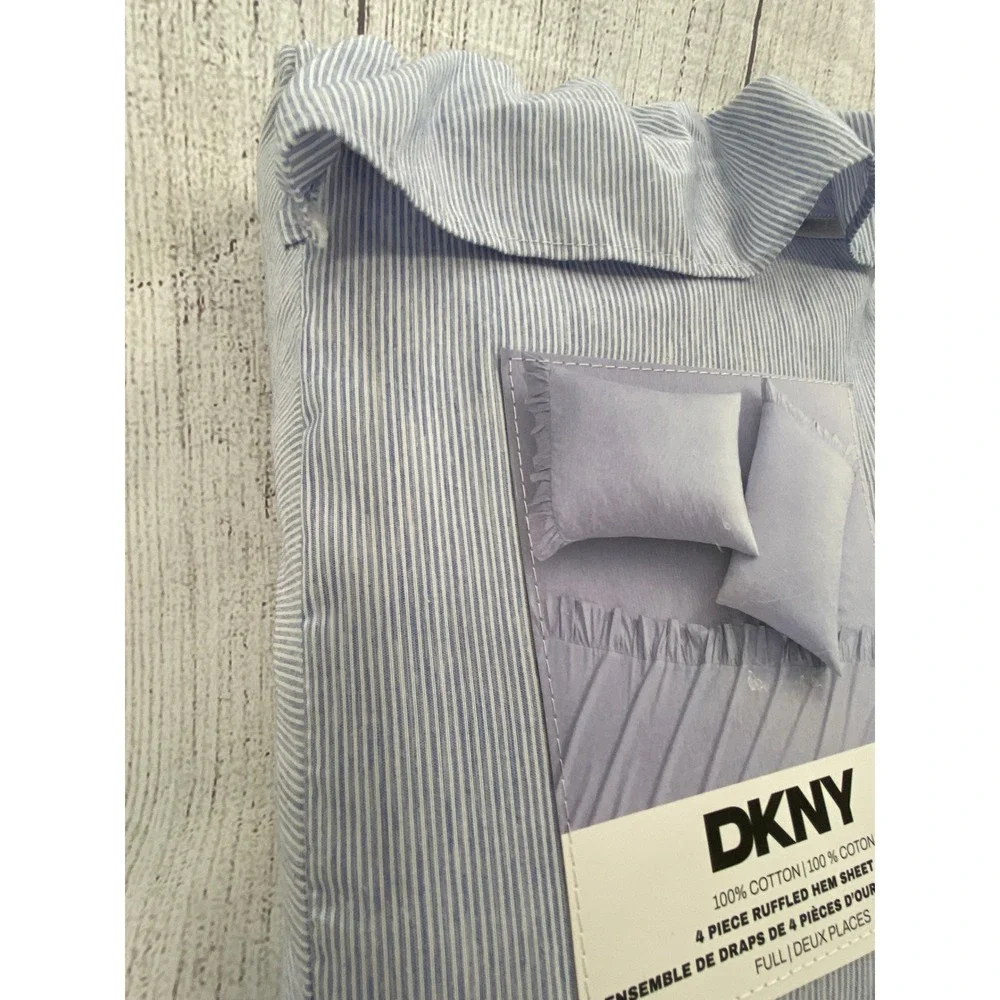 DKNY Sheet Set Full Blue White Pinstripe Ruffled Hem Bedding Chic Preppy Coastal